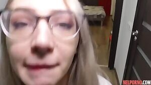 Girl with glasses substitutes tight ass for Russian home anal fucking