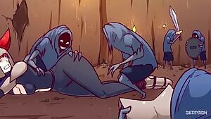 Helpless defeated warrior gets violated by thieves