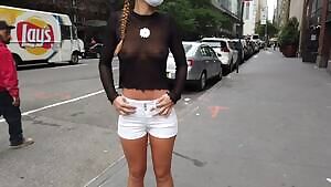 Sheer shirt with no bra on the streets