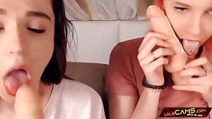 Which girl is better? BFF Practice Their Blowjob Skills On Cam.